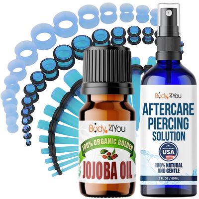 BodyJ4You 51PC Gauges Kit Ear Stretch Aftercare Jojoba Oil Piercing Aftercare Saline Cleanser Spray Wax 14G-12MM Light Blue Tunnel Plug Taper Set