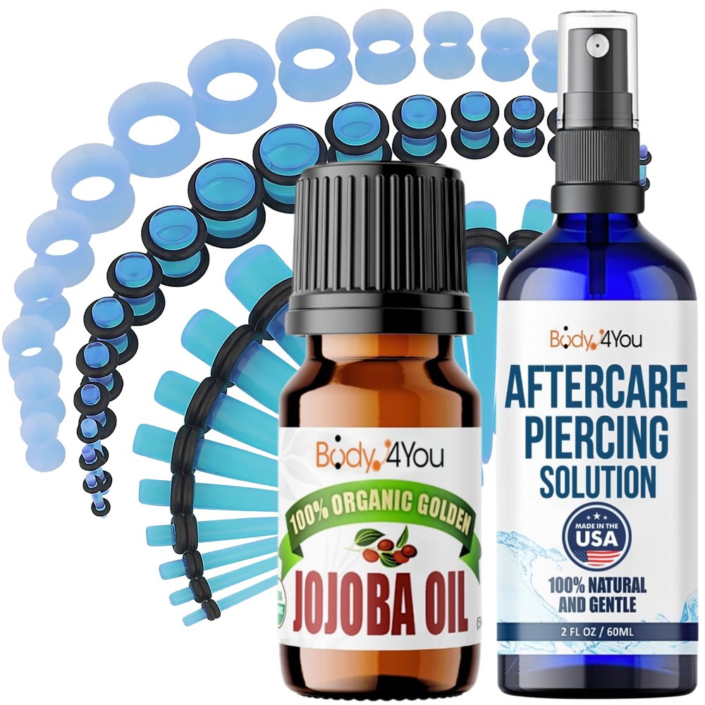 BodyJ4You 51PC Gauges Kit Ear Stretch Aftercare Jojoba Oil Piercing Aftercare Saline Cleanser Spray Wax 14G-12MM Light Blue Tunnel Plug Taper Set