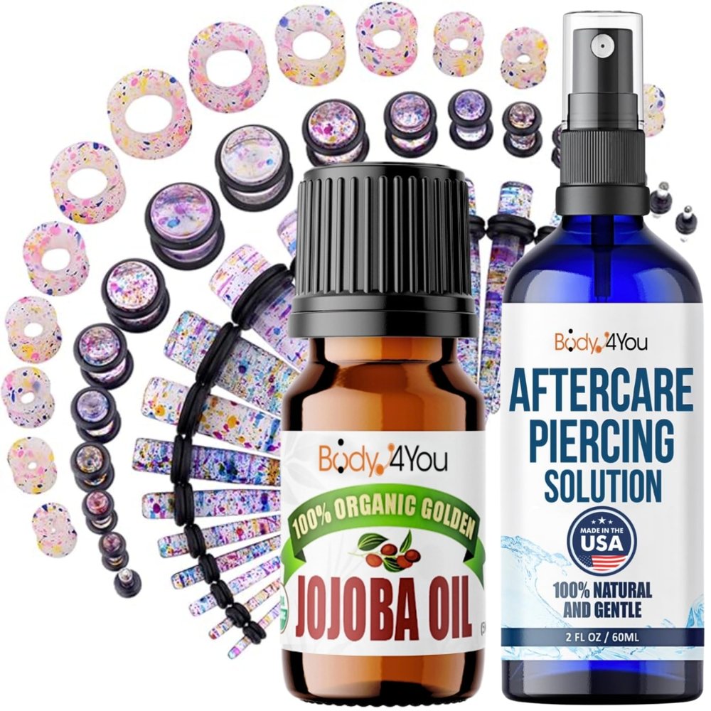 BodyJ4You 55PC Gauges Kit Ear Stretch Aftercare Jojoba Oil Piercing Aftercare Saline Cleanser Spray Wax 14G-12MM Multicolor Glitter Tunnel Plug Taper