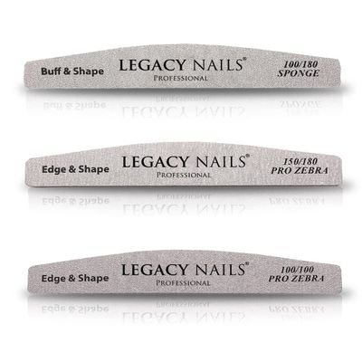 Legacy Nails 3-in-1 Professional Nail File Set Half Moon 100/180 Sponge Buffer, Pro Zebra Nail File 100/100 & 150/180 Buff, Shape & Smooth for Acrylic, Gel & Natural Nails Salon-Quality Manicure