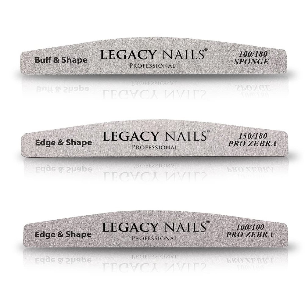Legacy Nails 3-in-1 Professional Nail File Set Half Moon 100/180 Sponge Buffer, Pro Zebra Nail File 100/100 & 150/180 Buff, Shape & Smooth for Acrylic, Gel & Natural Nails Salon-Quality Manicure