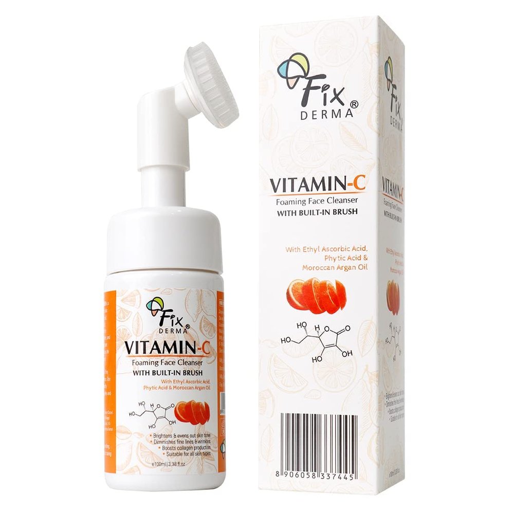 Grah Fixderma Vitamin C Foaming Face Cleanser, Face wash, Evens skin tone, With Built In Silicone Brush, Reduces fine lines & wrinkles, Unclogs pores, Exfoliates the skin, Non-irritating cleanser, No Paraben, No Soap, No sulphate, 100ml