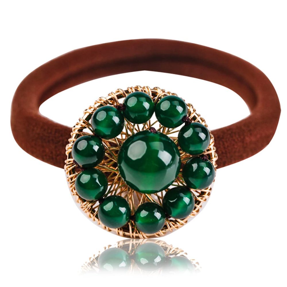Ezindraw Natural Jade Gemstone Hair Tie, Emerald Jade Hair Elastic Ponytail Rope, Retro Chinese Hair Accessories for Women