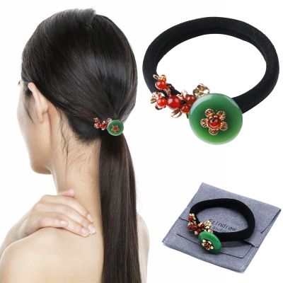 Ezindraw Vintage Jade Gemstone Hair Tie, Chinese Style Ponytail Holder, Flower Hair Elastic Rope, Chinese Hair Accessories for Women, Green Jade Donut Jewelry for Hanfu Dress
