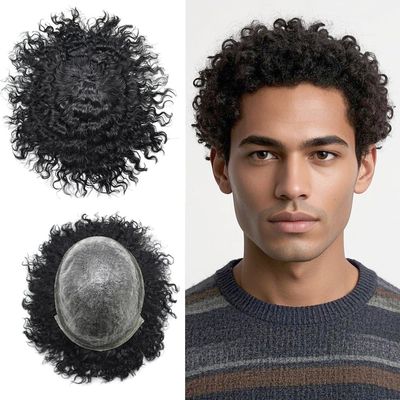 Afro Curl Toupee for Black Men 14mm Afro Kinky Curly Mens Toupee Real Human Hair Replacement System All Poly PU Injected Man Hairpieces Afro Wavy Hair Units for African American Man 1# JET BLACK