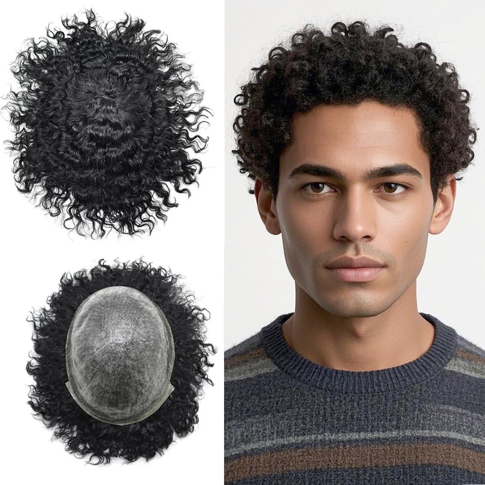 Afro Curl Toupee for Black Men 14mm Afro Kinky Curly Mens Toupee Real Human Hair Replacement System All Poly PU Injected Man Hairpieces Afro Wavy Hair Units for African American Man 1# JET BLACK