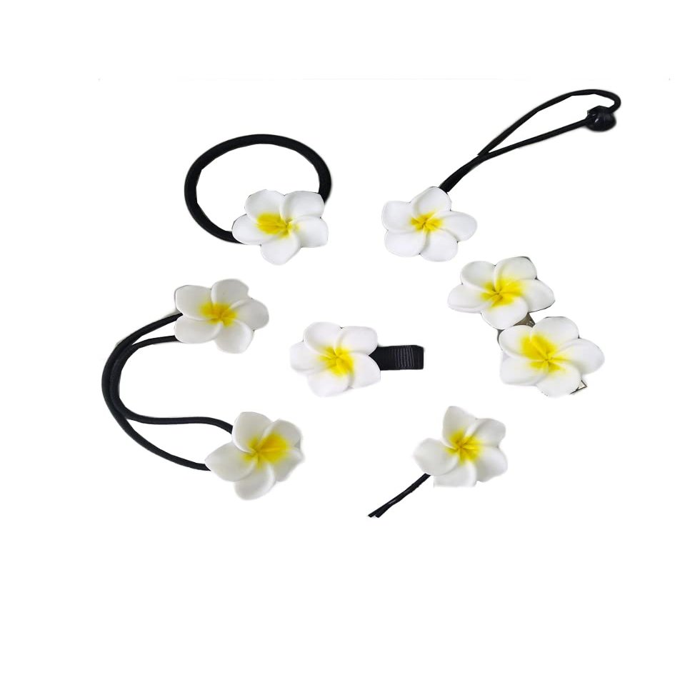 Plumeria Hair Ties Frangipani Flower Hair Clips Pin Plumeria Hair Ring Rope Tie BWF01 (6 PCs-Set A)