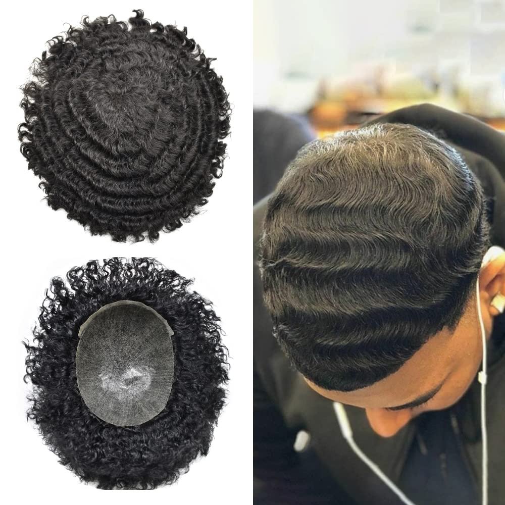 LYRICAL HAIR African Wig for Black Men - Afro Weave Hair Unit, Brazilian Human Hair Replacement System, Injection Full PU Poly Skin, Kinky Curly (Jet Black, 14MM Afro Wave)