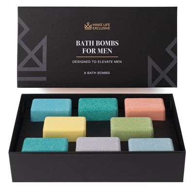 Bath Bombs for Men, Block Shape, Gifts for Men, 8 Large 5oz Bombs, 100% Natural Products & Essential Oils, Soak in, Bubble Bath
