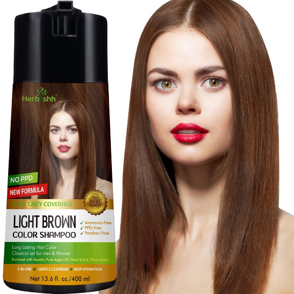 Herbishh Hair Color Shampoo - Enriched Dye Formula for Gray Hair - Long Lasting & DIY (Light Brown)