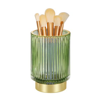 Fvstar Glass Makeup Brush Holder Organizer, Gold Toothbrush Holders for Bathroom, Green Makeup Brush Holder Cup for Vanity, Desktop Crystal Eyeliners Eyebrow Pencil Storage Cup Holder