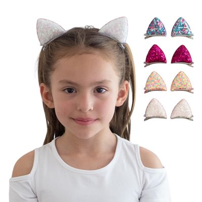 Summer Crystal 4 Pairs Sequins Cat Ears Kitty Ears Hair Clips - For Girls and Women - Stylish Hair Accessory for Birthdays, Costumes, Halloween, Holidays, and Parties (4 Pairs LMRW)