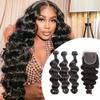 Sent Hair Bundles with Closure 14 16 18+12 Loose Deep Wave 100% Virgin Human Hair 3 Bundles with Lace Closure 4x4 Natural Black Color Brazilian Human Hair Extension view 1