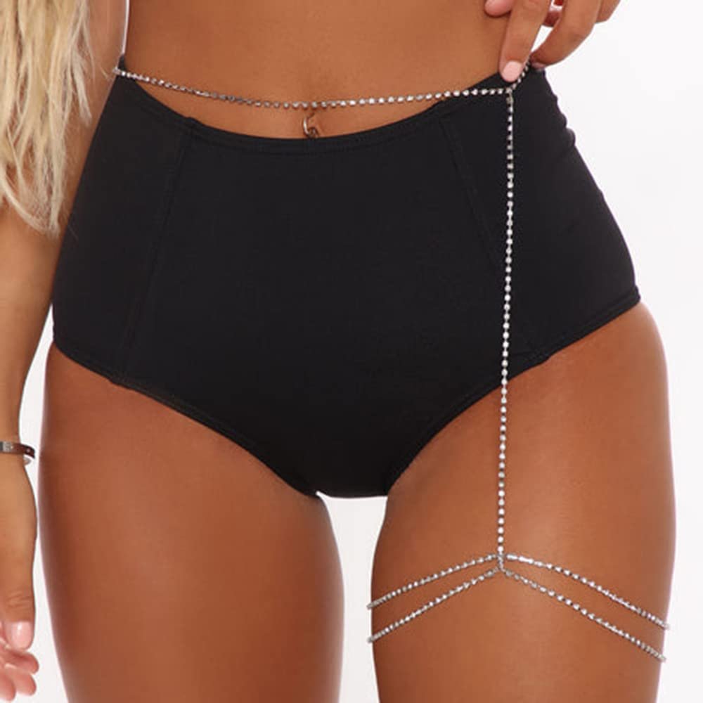 Jumwrit Rhinestone Leg Chain Layered Body Chain Silver Thigh Chain Tennis Body Chain Sexy Belly Chain Party Beach Body Accessory for Women Girls