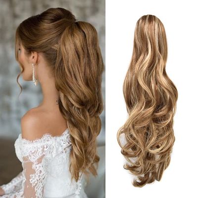 22" Ponytail Extension Long Curly Ponytail Clip in Claw Hair Extension Natural Looking Synthetic Hair Claw Ponytails (#1224B Brown Auburn & Pale Golden Blonde)