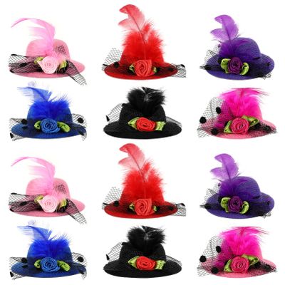 12 Pcs Mini Hat Hair Barrettes Small Top Hat Fascinators with Ribbon Flowers, Faux Feather Mesh Hairpins for Party Costume Accessory