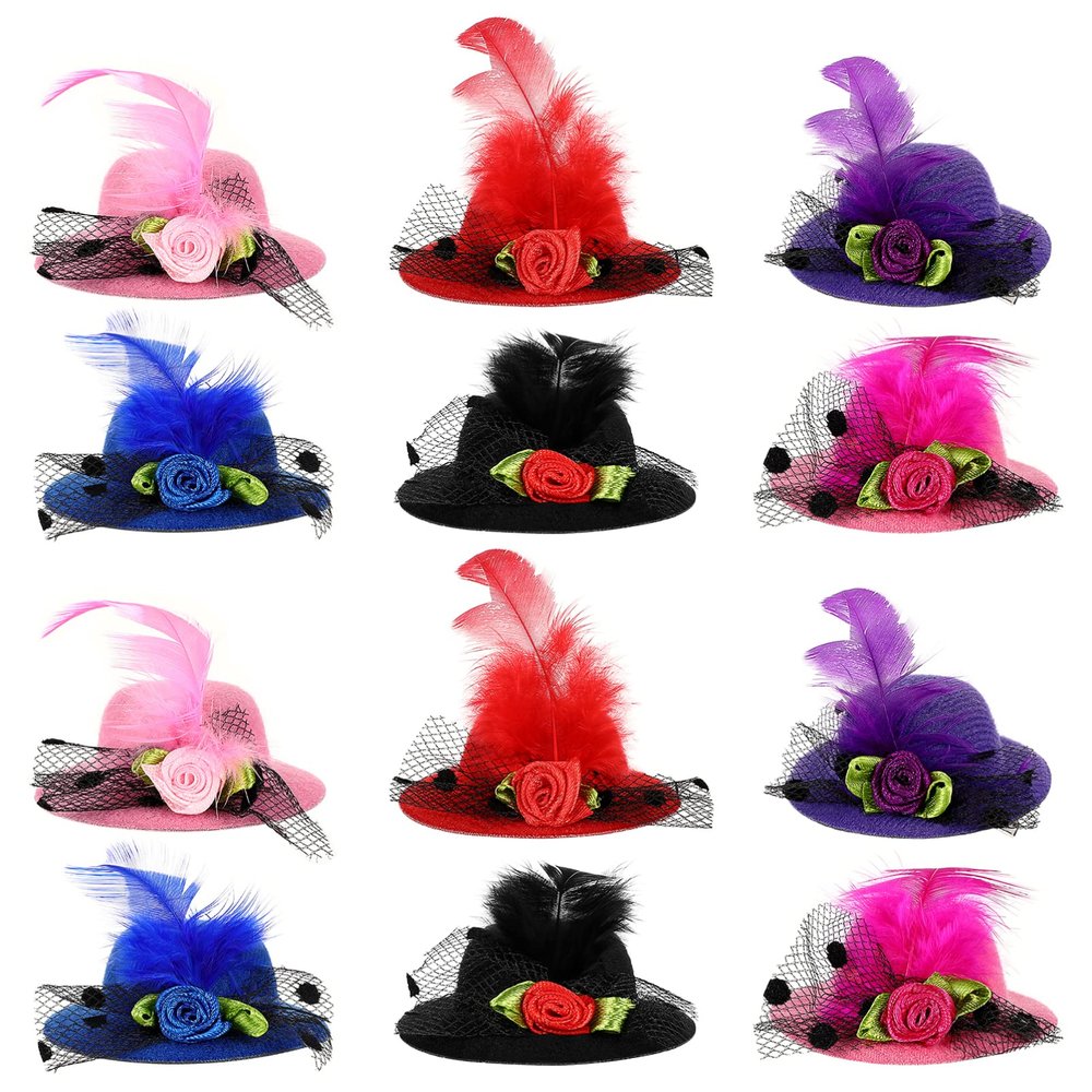 12 Pcs Mini Hat Hair Barrettes Small Top Hat Fascinators with Ribbon Flowers, Faux Feather Mesh Hairpins for Party Costume Accessory