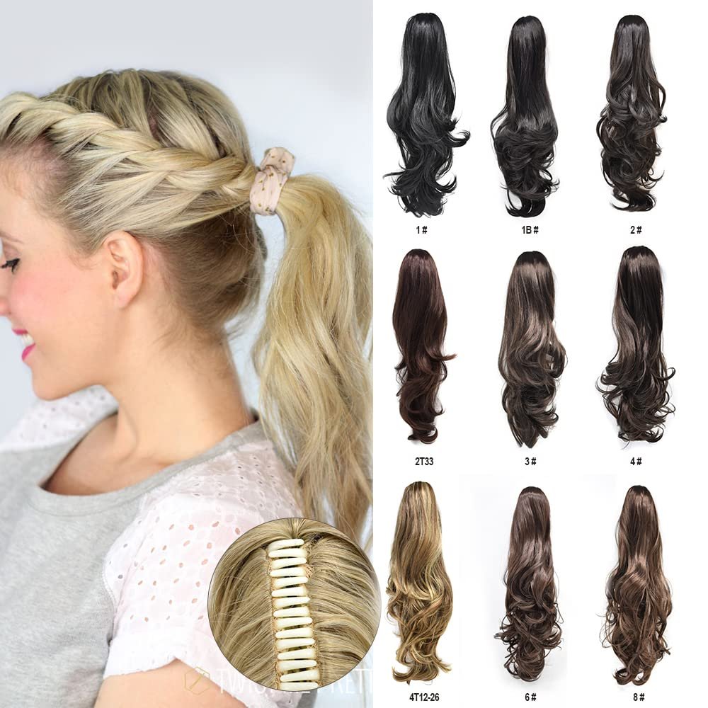 14" Curly High Temperature Fiber Synthetic Hair Piece Long Curly Ponytail Clip in Claw Hair Extension Natural Looking Synthetic Hairpiece for Women (#234/613 Sandy Brown & Light Bleach Blonde)