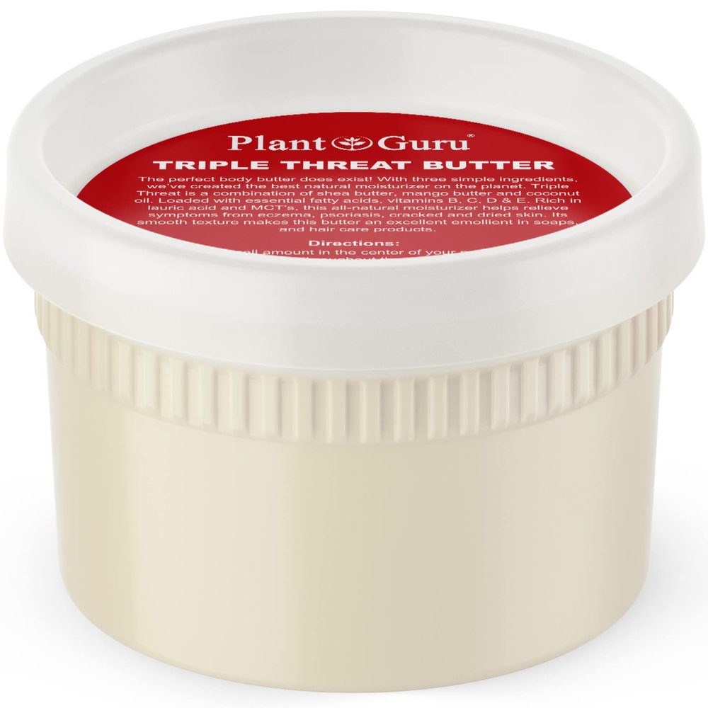 Plant Guru Triple Threat Body Butter 8 oz. - Blend of Shea, Mango & Coconut Oil - 100% Pure Natural Raw Unrefined Moisturizer For Dry Skin, Face And Hair. Great For Lip Balm and Soap Making