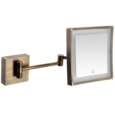 Screen Touch Dimming Makeup Mirror with Lights And 3X Magnification, Square LED Wall Mounted Bathroom Vanity Mirror, Rotable Extendable Shaving Mirror,Brass,USB