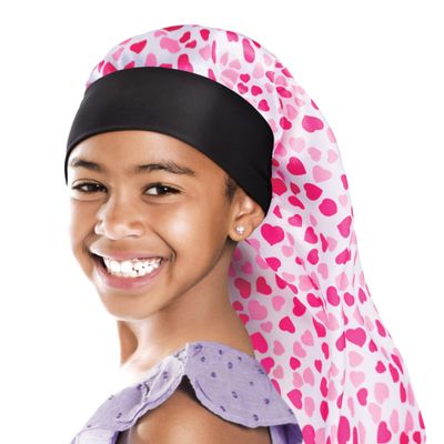 Red by Kiss Kids Satin Braid Bonnet, Comfy Wide Band for Long Hair, Long Braids (Hearts) Multi Color