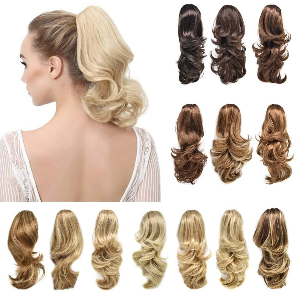 14" Curly Claw Clip Ponytail Temperature Fiber Synthetic Hair Piece Pony Tail Clip On Extension Voluminous Wavy for Women 20 Colors (#234/613 Sandy Brown & Light Bleach Blonde)