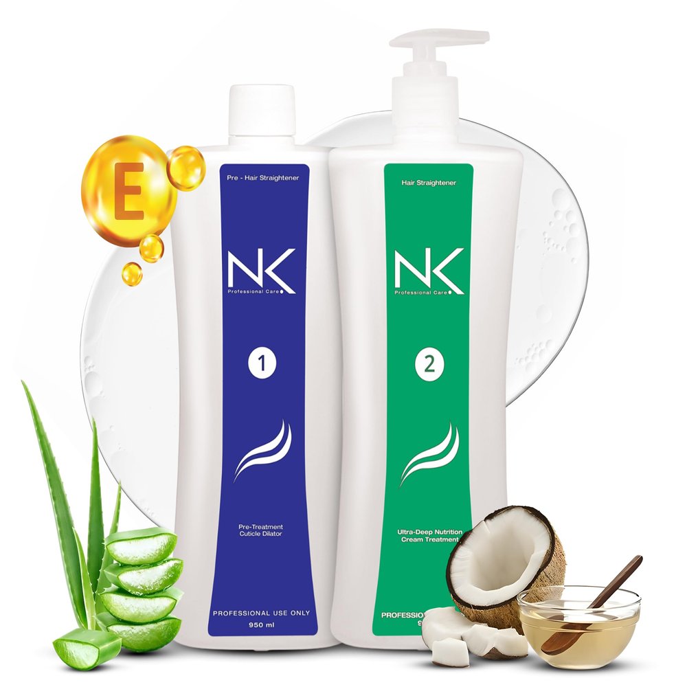 NK 2-Step Hair Straightening Treatment with Keratin, For All Hair Types - Nourishes, Reconstructs, and Smooths in 40 Minutes, 950ml