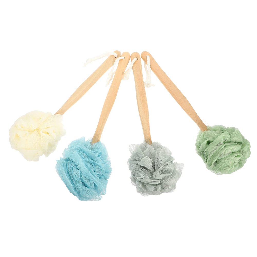 FOMIYES Long Handle Loofah Back Scrubber 4Pcs Wooden Long Handle Bath Sponge Lufa Shower Brush Exfoliating Body Brush on a Stick for Bathroom