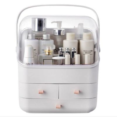Cosmetic Storage Box, Dresser Lipstick Skin Care Storage Box, Dustproof Large Capacity, Portable Handle With Drawer, Fully Open Waterproof Cover, Perfect For Bathroom Countertop Bedroom Dresser