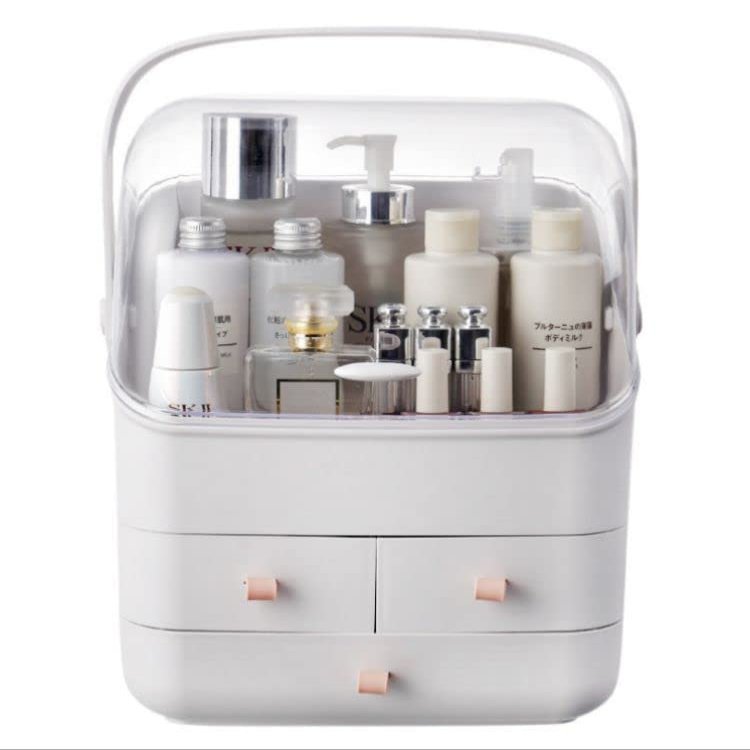 Cosmetic Storage Box, Dresser Lipstick Skin Care Storage Box, Dustproof Large Capacity, Portable Handle With Drawer, Fully Open Waterproof Cover, Perfect For Bathroom Countertop Bedroom Dresser