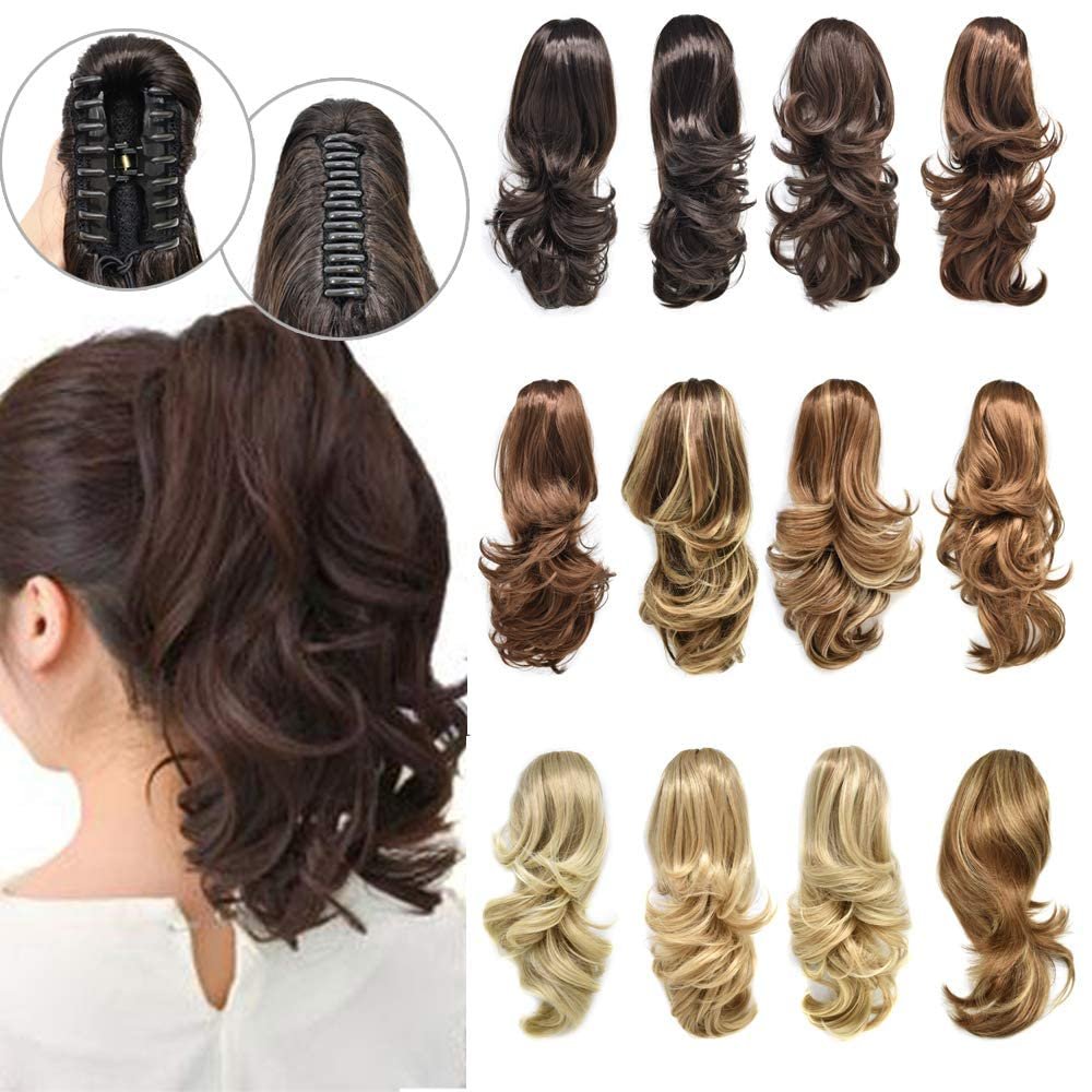 14" Curly Claw Clip Ponytail Temperature Fiber Synthetic Hair Piece Pony Tail Clip On Extension Voluminous Wavy for Women 20 Colors (#1 Jet Black)
