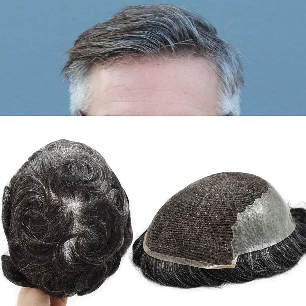 Toupee for Men Hair Replacement System Swiss Lace Mens toupee Front Bleached Knot Natural Hairline Men Hair Unit 100% Human Hair Gray Brown Black Blonde Men Hair Piece (7"X10", #1B20 Off Black+20% Gray-110% Light to Medium Density)