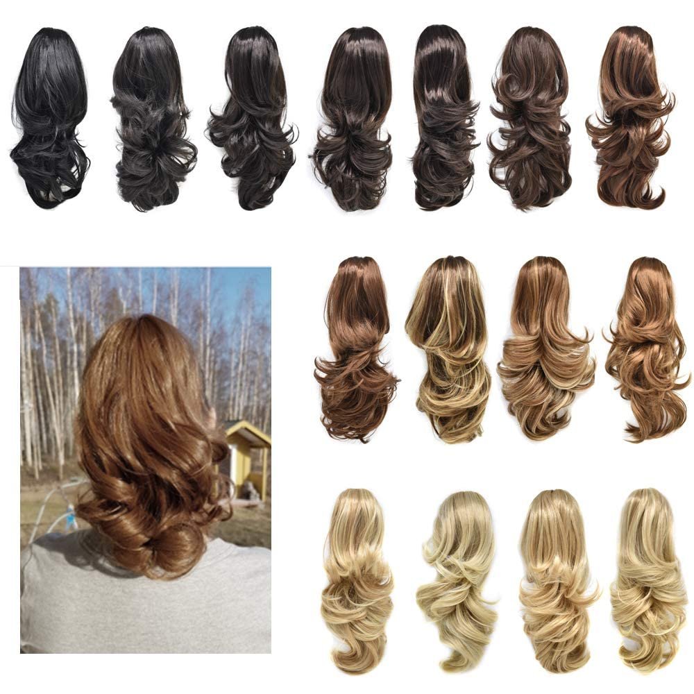 14" Curly Claw Clip Ponytail Temperature Fiber Synthetic Hair Piece Pony Tail Clip On Extension Voluminous Wavy for Women 20 Colors (#R6/30 Dark Brown & Light Auburn)