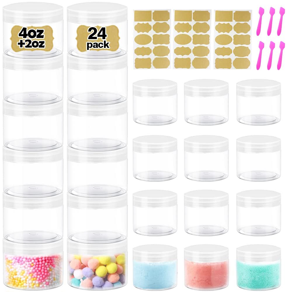 4 oz Body Butter Containers with Lids + 2oz Small Plastic Containers (Set of 24) - Plastic Jars with Lids for Lip Scrub, Cream, Slime, Craft Storage