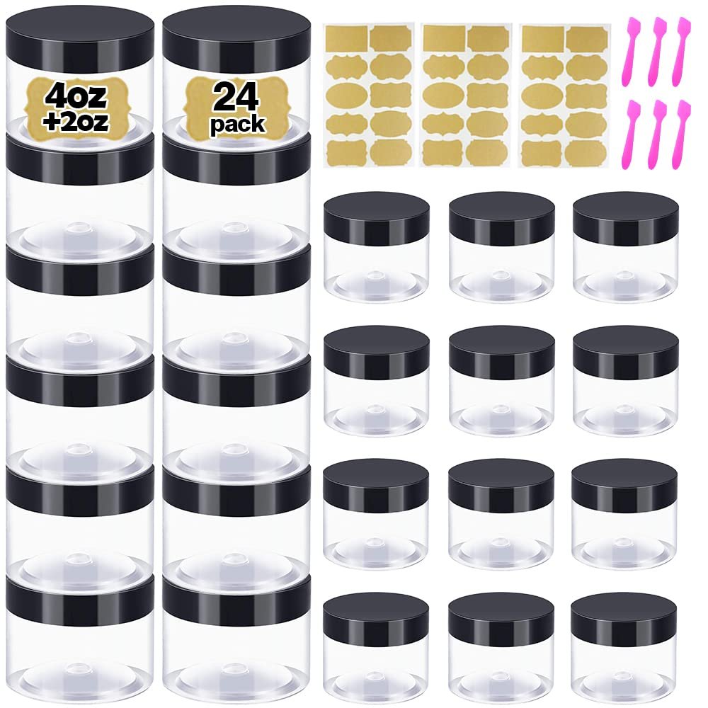 4 oz Body Butter Containers with Lid + 2oz Small Plastic Containers (Set of 24) - Plastic Jars with Lids for Lip Scrub, Cream, Slime, Craft Storage