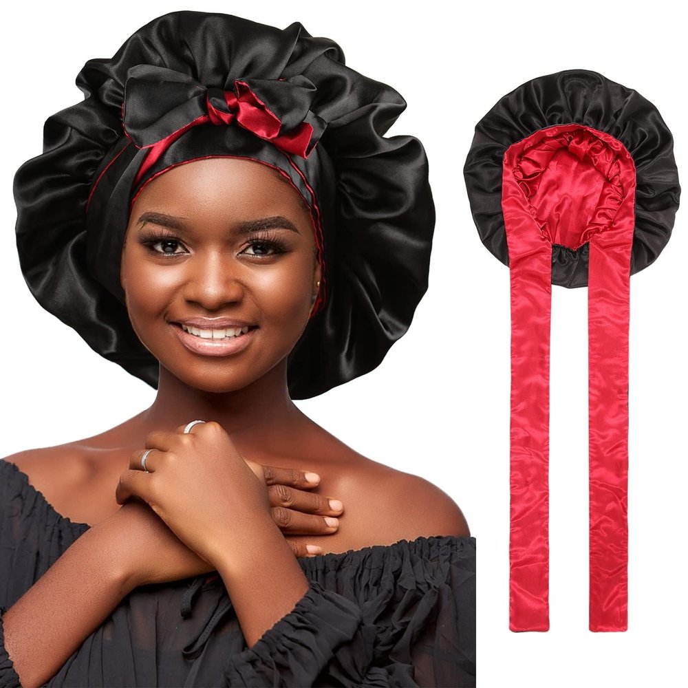 Satin Bonnet Silk Hair Bonnets for Women Curly Hair Wrap for Sleeping - Reversible With Tie Band Night Cap Double Layer for Curly Hair (Black + Red)