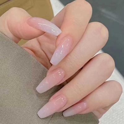DANMANR Long Press on Nails Square French Fake Nails Full Cover Nude Acrylic False Nails for Women and Girls 24PCS (Pink White)