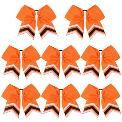 DEEKA 8PCS Large Glitter Cheer Bows Shiny 7" Cheer Hair Bows Ponytail Holder Handmade for Cheerleader Girls Softball Sports -Orange/g Black