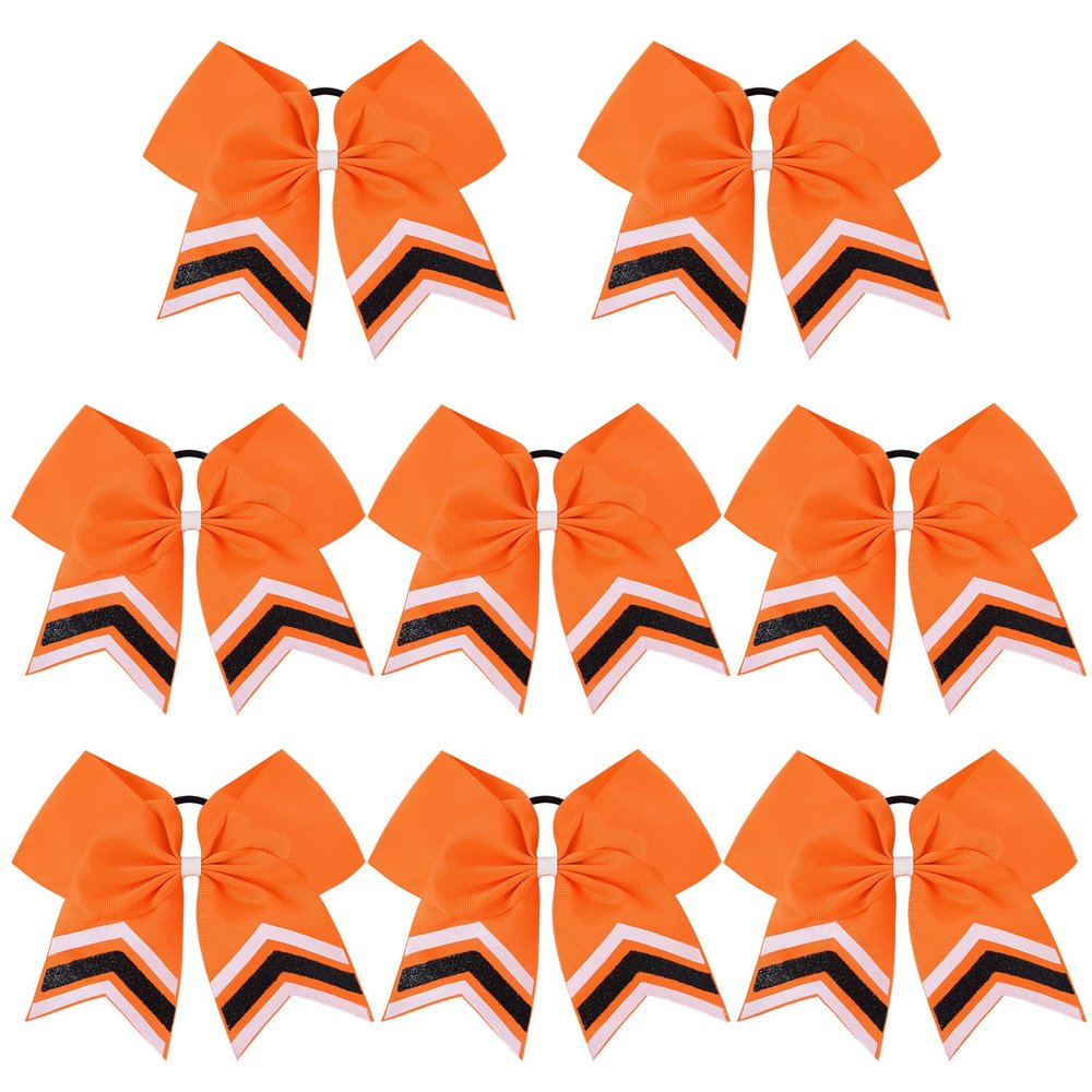 DEEKA 8PCS Large Glitter Cheer Bows Shiny 7" Cheer Hair Bows Ponytail Holder Handmade for Cheerleader Girls Softball Sports -Orange/g Black