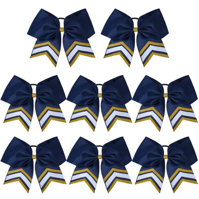 DEEKA 8PCS Large Glitter Cheer Bows Shiny 7" Cheer Hair Bows Ponytail Holder Handmade for Cheerleader Girls Softball Sports -Navy/g Gold