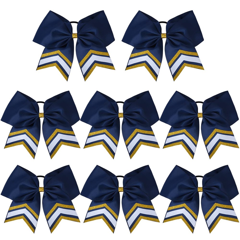 DEEKA 8PCS Large Glitter Cheer Bows Shiny 7" Cheer Hair Bows Ponytail Holder Handmade for Cheerleader Girls Softball Sports -Navy/g Gold