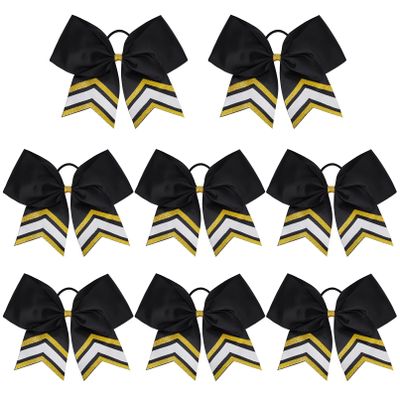 DEEKA 8PCS Large Glitter Cheer Bows Shiny 7" Cheer Hair Bows Ponytail Holder Handmade for Cheerleader Girls Softball Sports -Black/g Gold