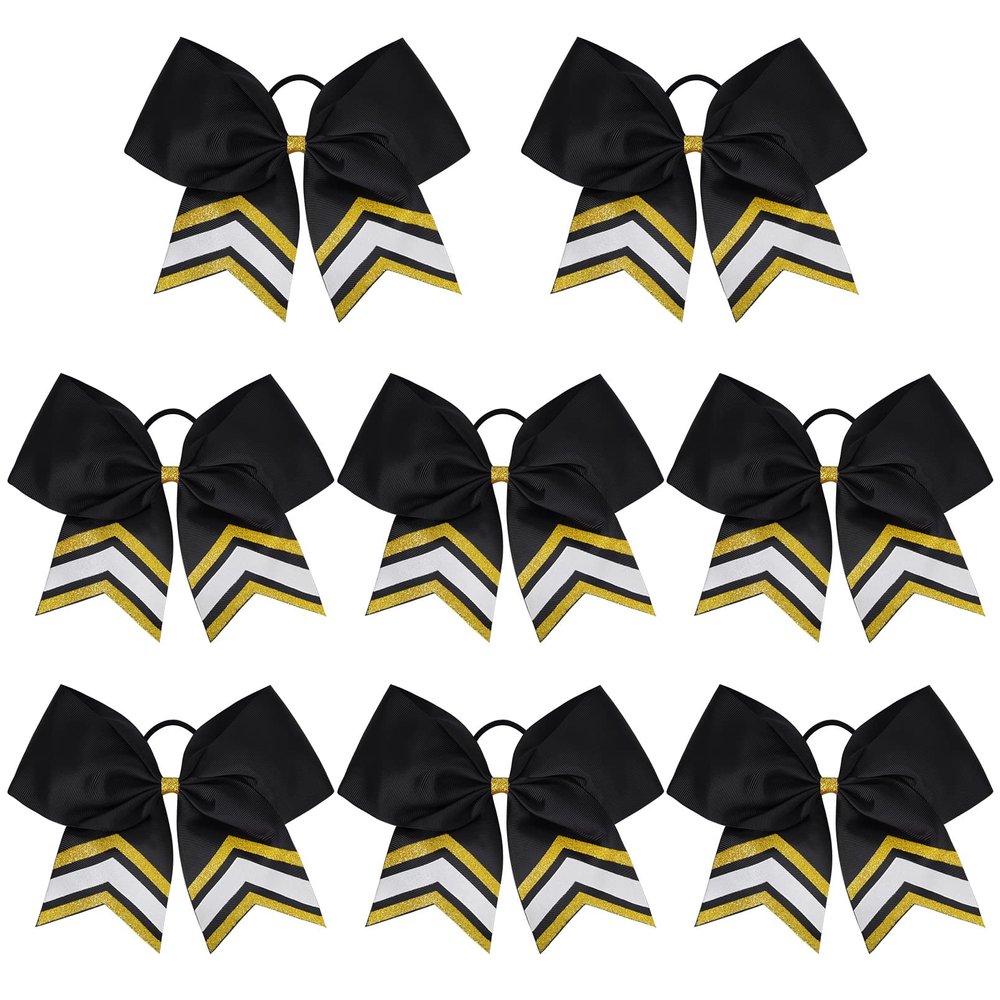 DEEKA 8PCS Large Glitter Cheer Bows Shiny 7" Cheer Hair Bows Ponytail Holder Handmade for Cheerleader Girls Softball Sports -Black/g Gold