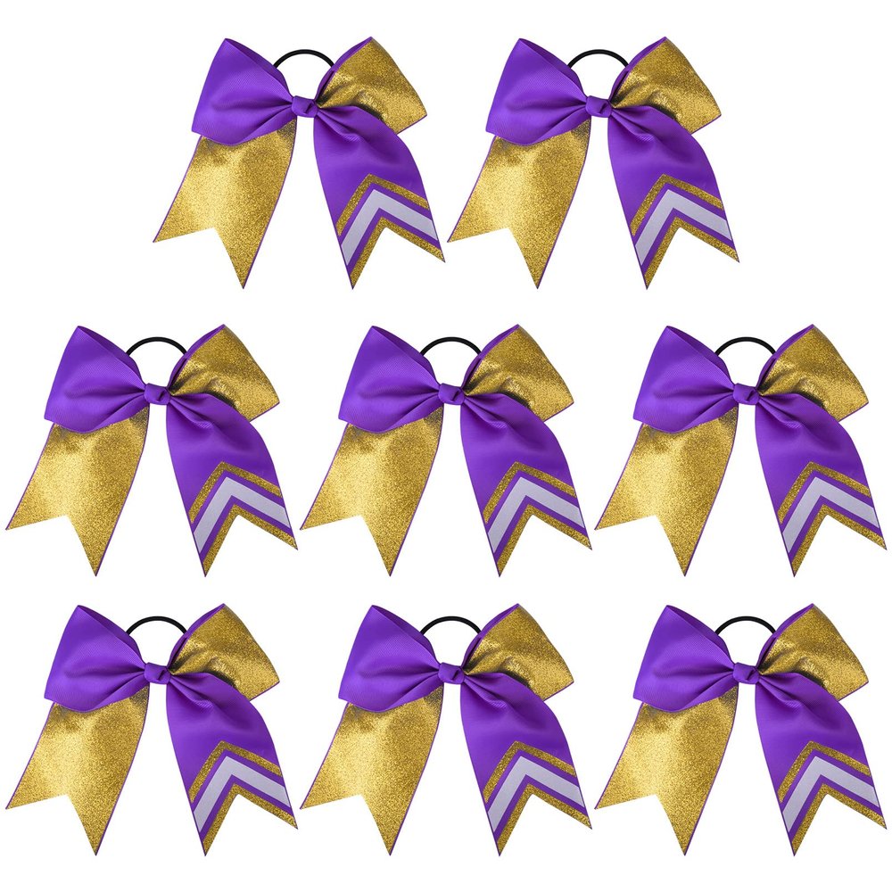 DEEKA 8PCS 8" Two Toned Large Glitter Cheer Bows Shiny Cheer Hair Bows Ponytail Holder Handmade for Cheerleader Girls Softball Sports -g Gold/Purple