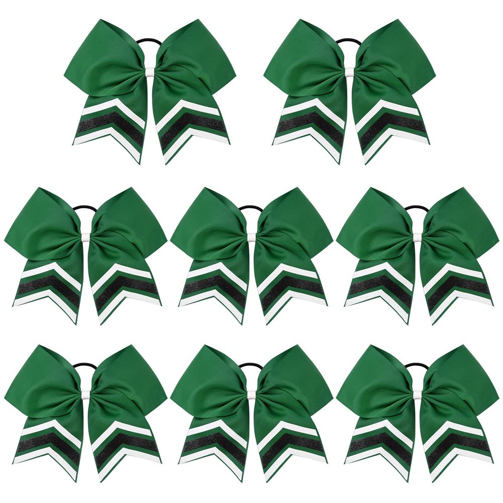 DEEKA 8PCS Large Glitter Cheer Bows Shiny 7" Cheer Hair Bows Ponytail Holder Handmade for Cheerleader Girls Softball Sports -Green/g Black