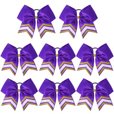 DEEKA 8PCS Large Glitter Cheer Bows Shiny 7" Cheer Hair Bows Ponytail Holder Handmade for Cheerleader Girls Softball Sports -Purple/g Gold