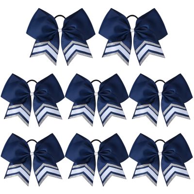 DEEKA 8PCS Large Glitter Cheer Bows Shiny 7" Cheer Hair Bows Ponytail Holder Handmade for Cheerleader Girls Softball Sports -Navy/g Silver