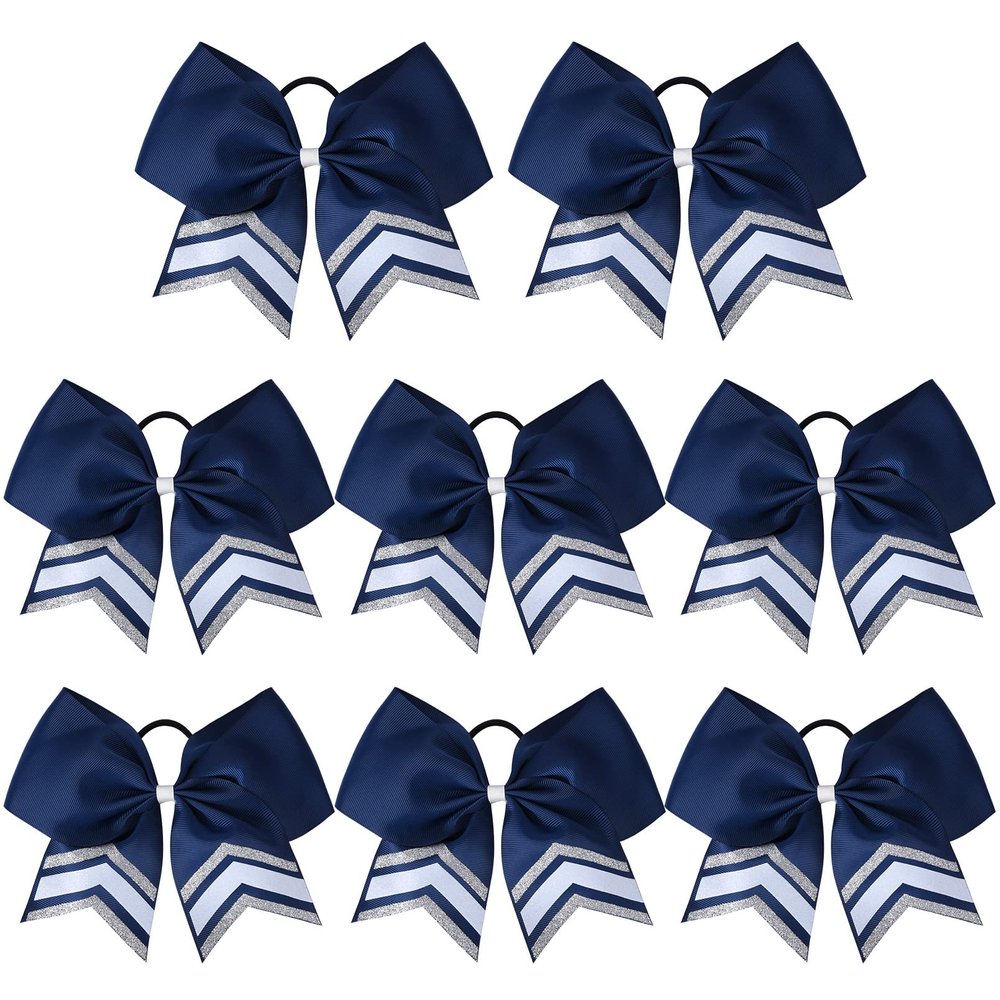 DEEKA 8PCS Large Glitter Cheer Bows Shiny 7" Cheer Hair Bows Ponytail Holder Handmade for Cheerleader Girls Softball Sports -Navy/g Silver