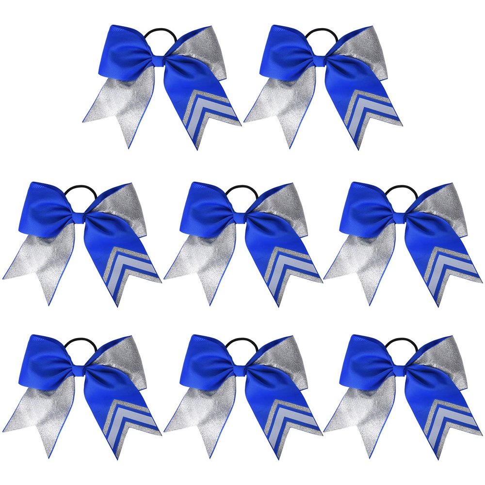 DEEKA 8PCS 8" Two Toned Large Glitter Cheer Bows Shiny Cheer Hair Bows Ponytail Holder Handmade for Cheerleader Girls Softball Sports -g Silver/RoyalBlue