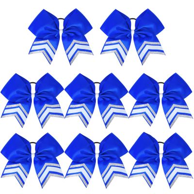 DEEKA 8PCS Large Glitter Cheer Bows Shiny 7" Cheer Hair Bows Ponytail Holder Handmade for Cheerleader Girls Softball Sports -Royal Blue/g Silver